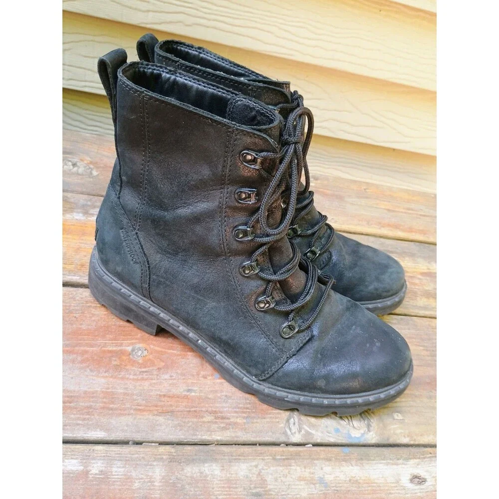 Sorel Women’s Lennox Lace-up Moto Combat Boots, Black Waterproof Leather Size 11